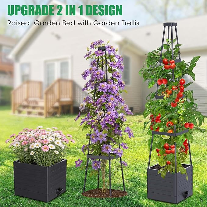 4 Pack Raised Garden Bed Planter Box with Trellis 57 Self-Watering Tomato Cage Planters for Climbing Plants Vegetable Vine Flowers Outdoor &amp Indoor (57x9.8x9.8IN)
