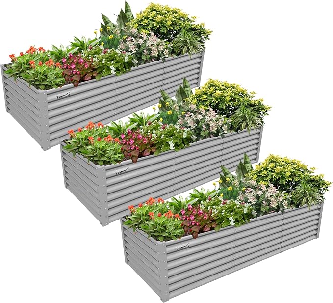 3 Pack 8x3x2FT Galvanized Raised Garden Bed Kit Rectangular Metal Ground Planter Box Outdoor Bottomless Planter Raised Beds for Vegetables Flowers Herbs Fruits Gray