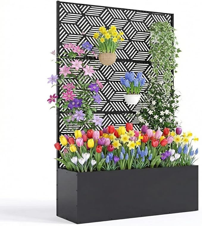 Metal Planter Box with Trellis 47X16X71 Raised Garden Bed Without Wheels Galvanized Metal Privacy Screen for Climbing Plants Vegetables Vines Patio Planters with Drainage Holes 16 Deep Bed