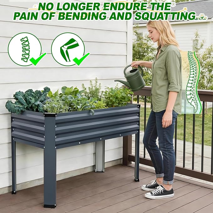 Galvanized Raised Garden Bed with Legs 2 Pack 48x24x32in Elevated Raised Garden Bed Outdoor with Drainage Holes Planter Boxes for Gardening Vegetable Flower Fruit in Backyard Patio Balcony (Grey)