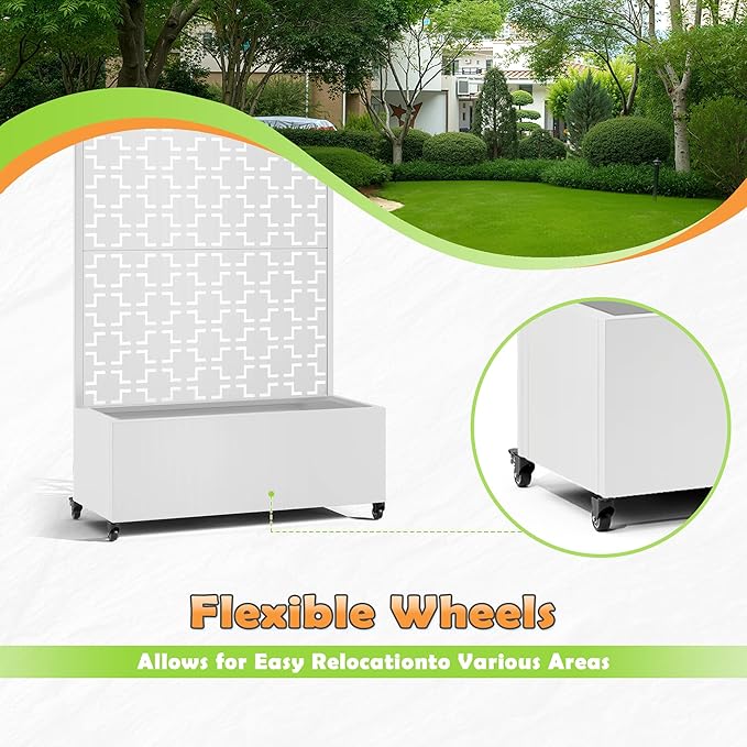 Metal Raised Garden Bed with Trellis 2-in-1 Planter Box &amp Privacy Screen for Climbing Plants Outdoor Standing Flower Bed with Drainage Holes 35.4 L x 15.7 W x 70.1 H White-Square