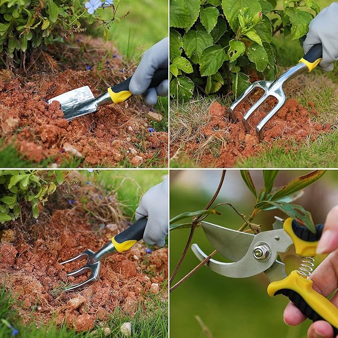 Garden Tools Set - 7 Piece Heavy Duty Aluminum Gardening Tools for Digging Planting and Pruning Gardening Gifts for Men Wome Kids
