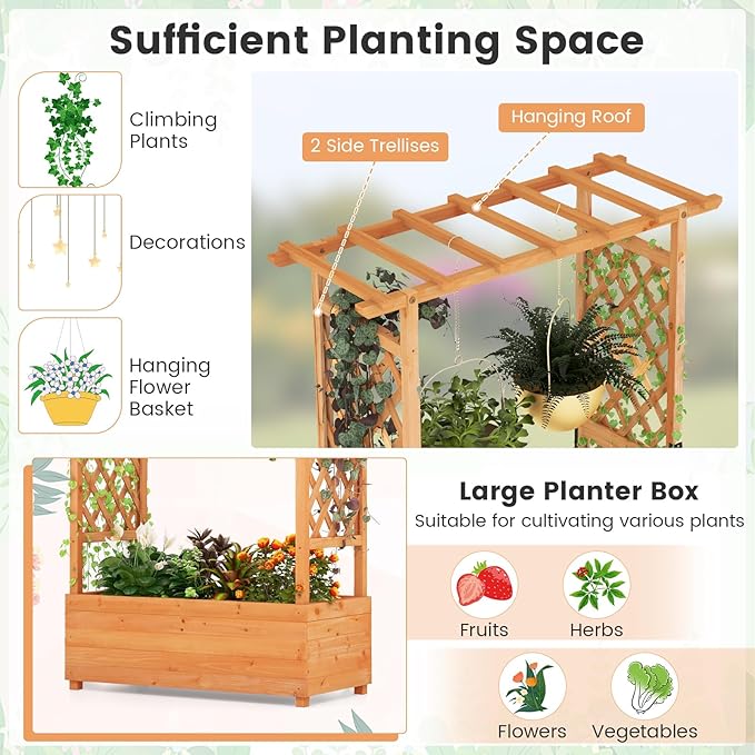 LDAILY Moccha Raised Garden Bed with Trellis Wood Garden Planter with Hanging Roof Drainage Holes Freestanding Elevated Planter Box for Climbing Plants Vines Flowers 43.5 x 17.5 x 72