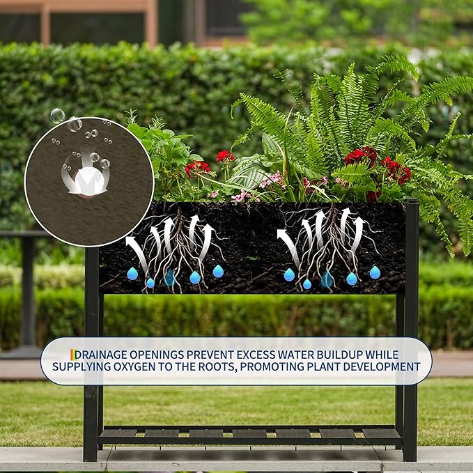 PeakPursuit All-Weather Elevated Garden Bed with Storage Shelf HDPE Wood Grain Planter Box &amp Sturdy Black Aluminum Frame for Vegetables Herbs on Patio Balcony42 l x 33 h