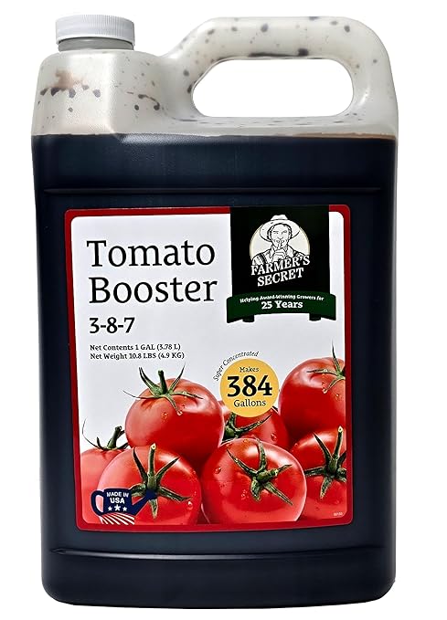 Farmer's Secret Tomato Booster Fertilizer (128oz) - Super Concentrated - 3:8:7 Ratio Fortified with Humic Acid Iron and Calcium - Grow More Tomatoes
