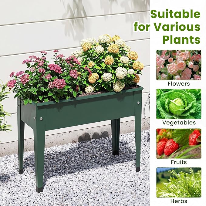 2 Pcs Raised Garden Bed with Legs 24 x 11 x 18 Inch Metal Elevated Planter Box w/Drainage Hole for Flowers Herbs Standing Raised Planter Bed for Indoor Outdoor Balcony Patio Backyard Green