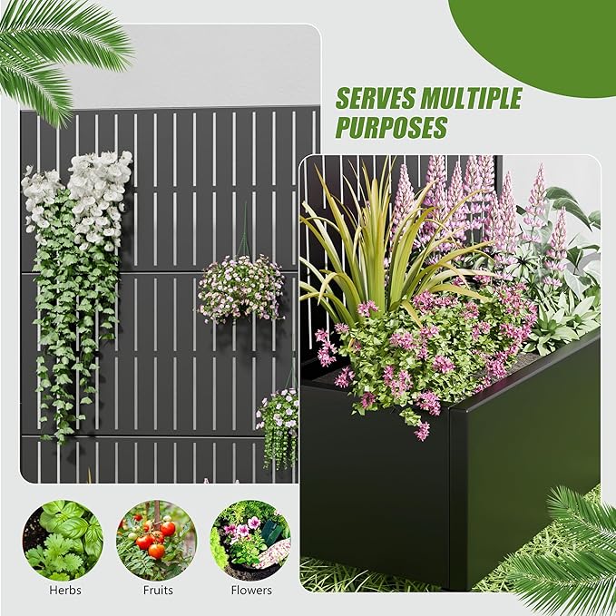Casaphoria 72x35 Metal Raised Garden Bed with Trellis(2 Pack) Outdoor Planter Box with Wheels &amp Drainage Holes for Climbing Plants Flowers Elevated Garden Kit with Privacy Screen Black-Fence
