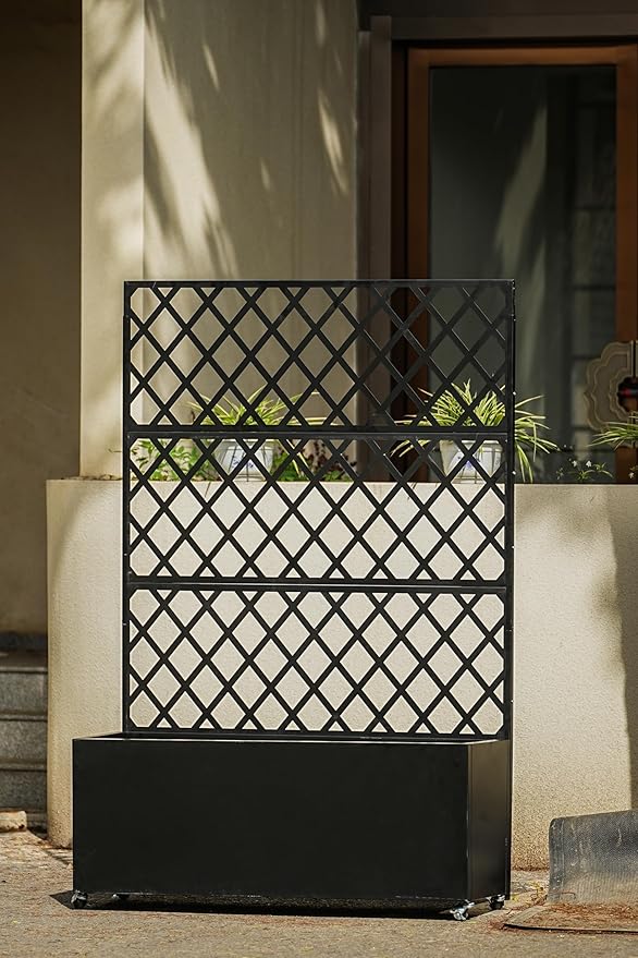 71x35x16 Inch Large Steel Raised Garden Bed Mobile Planter Box with Trellis and Privacy Screen Lockable Casters &amp Drainage Holes Outdoor Vegetable Garden for Vines Flowers Patio Deck Balcony