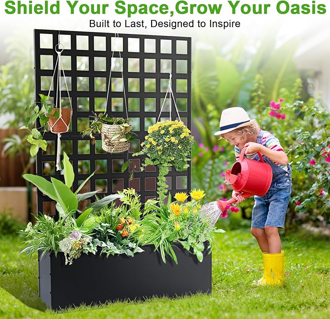 Metal Planter Box with Trellis Galvanized Raised Garden Bed &amp Privacy Screen for Climbing Vegetables Flowers Herbs Rust-Resistant Outdoor Planter Box with Drainage Holes Easy Assembly