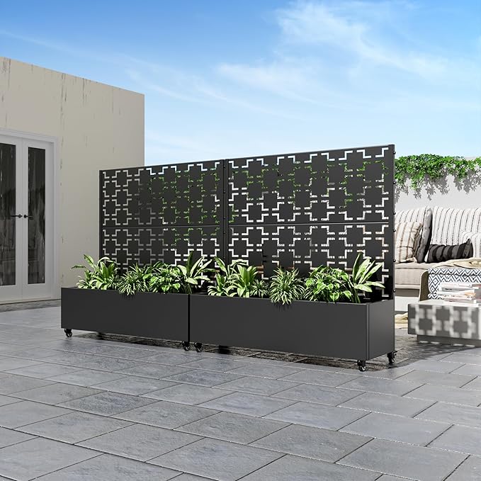 Casaphoria Metal Raised Garden Bed with Trellis and Wheels 47x47x16 Planter Box for Climbing Plants Vegetables &amp Vines Features Drainage Holes and Privacy Screen (Black-Square)