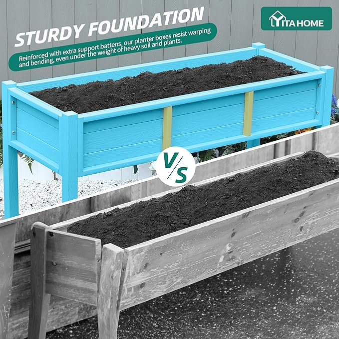YITAHOME Raised Garden Bed HDPE 47x18x31In Raised Flower Bed Poly-Wood Weather-Resistant Elevated Planter Box with Lockable Wheels for Vegetables Aruba Blue