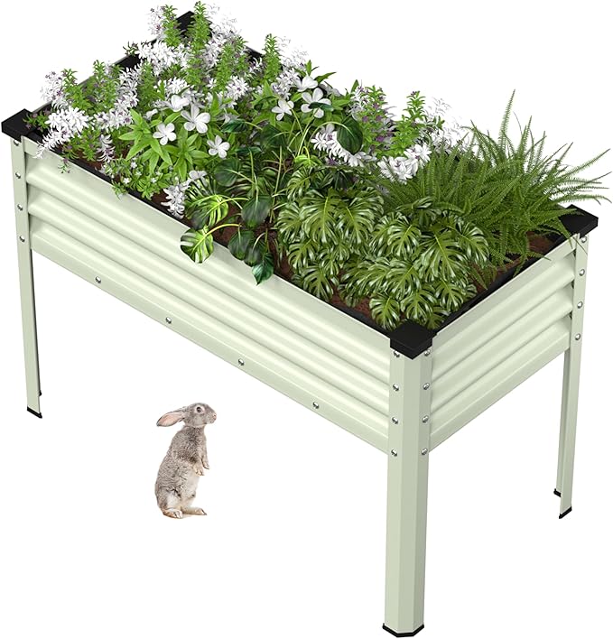 BlueWish 48 W x 24 D x 32 H Raised Garden Bed Garden Bed with Detachable Black Liner Drainage Gaps Galvanized Raised Garden Beds Outdoor 7.5 Cubic Feet Gardening Vegetable Flower Beige