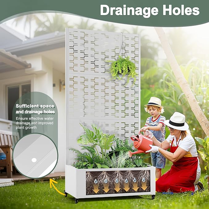 Planter Box with Trellis and Wheels Metal Privacy Screen with Garden Beds Outdoor for Climbing Plants Standing Planter Boxes with Drainage Holes (35 L×16 W×71 H White Rectangle)