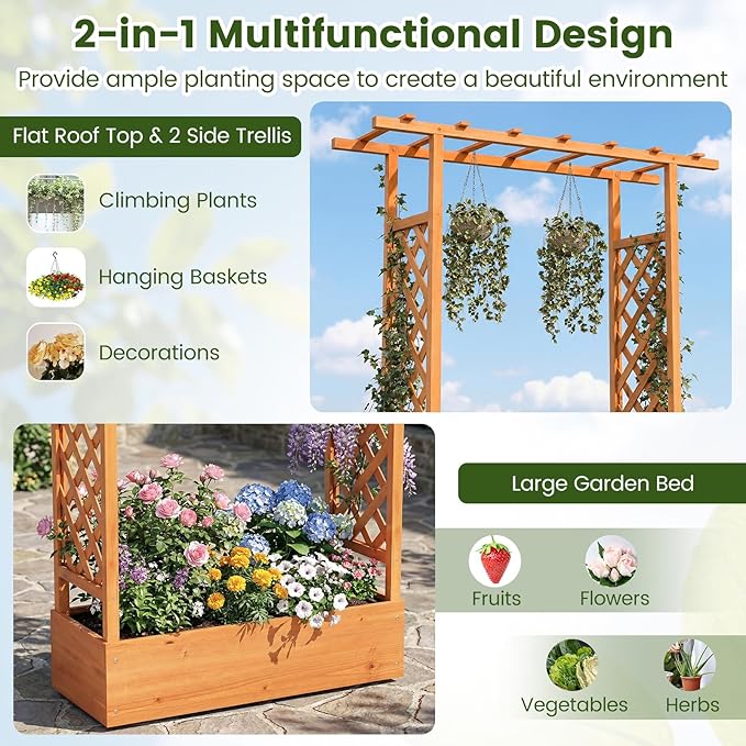 S AFSTAR Raised Garden Bed with Trellis 2 Pieces Fir Wood Planter Box with Flat Roof &amp Drainage Holes Vertical Planter Raised Bed for Climbing Plants Flowers &amp Vegetables 43 x 14 x 45 (