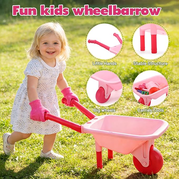 CUTE STONE Kids Gardening Tool Set Pink Wheelbarrow with Garden Toys with Watering Can Gloves Hand Rake Shovel Trowel Outdoor/Indoor Pretend Play Toys for Toddlers Boys Girls Age 3+