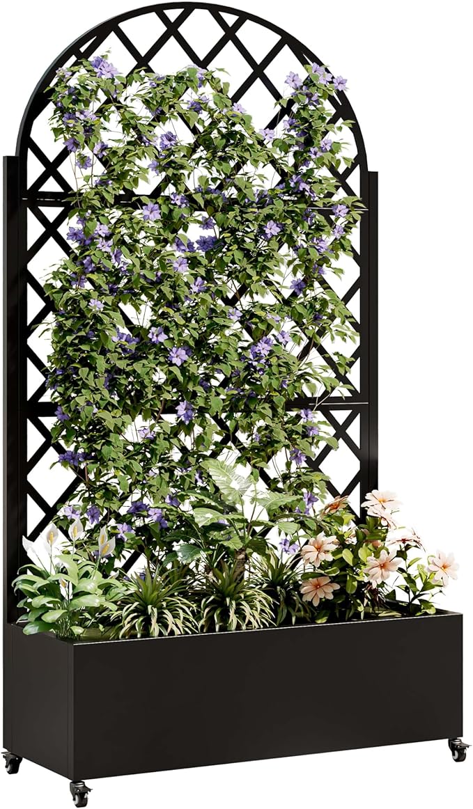 Metal Planter Box with Trellis Privacy Fence with Planter Box Privacy Planters for Patio with Drainage Holes Round Raised Garden Bed with Wheels for Climbing Plants Vegetables (Black+Round+Metal)