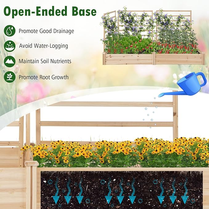 Raised Garden Bed with 3 Trellises 2 Large Wooden Planter Boxes with Trellis for Vine Climbing Plants Flowers Modular Design for Outdoor Garden Patio Backyard 88L x 45W x 43H Natural