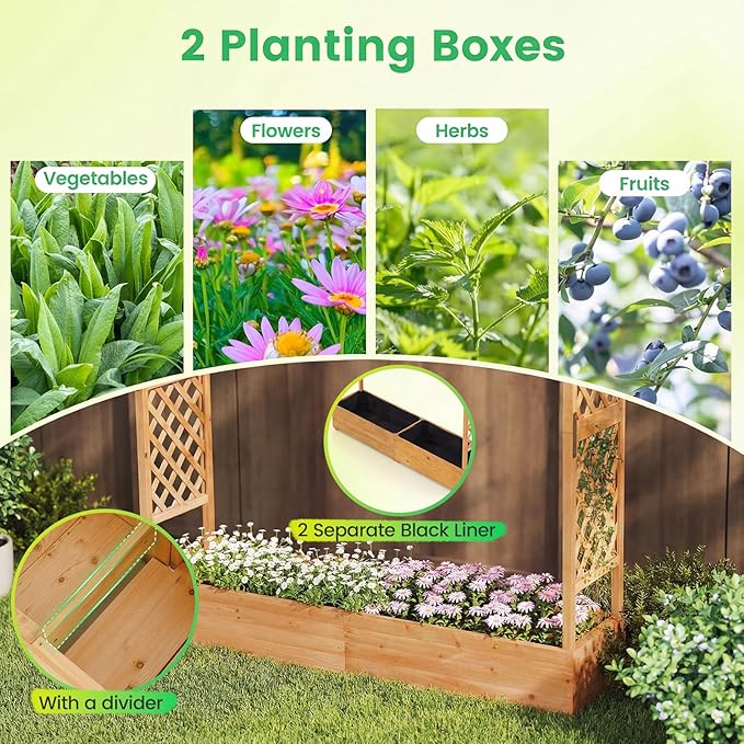 BECOMFORT Raised Garden Bed with Trellis &amp Hanging Roof 72 Tall Fir Wood Planter Box with Drainage Holes Outdoor Elevated Garden Planter for Climbing Vines (Orange 77 Lx17 Wx72 H)