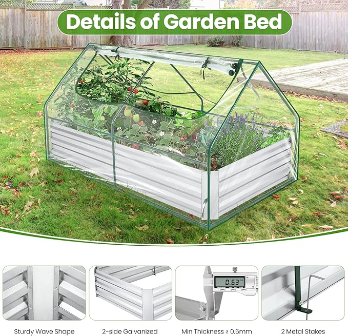 6x3x3ft Galvanized Raised Garden Bed with Cover Extra-Thick Metal Planter Box Kit w/ 2 Roll-Up Large Screen Windows Mini Greenhouse &amp1 Pair of Gloves for Growing Vegetables Fruits Flower Clear