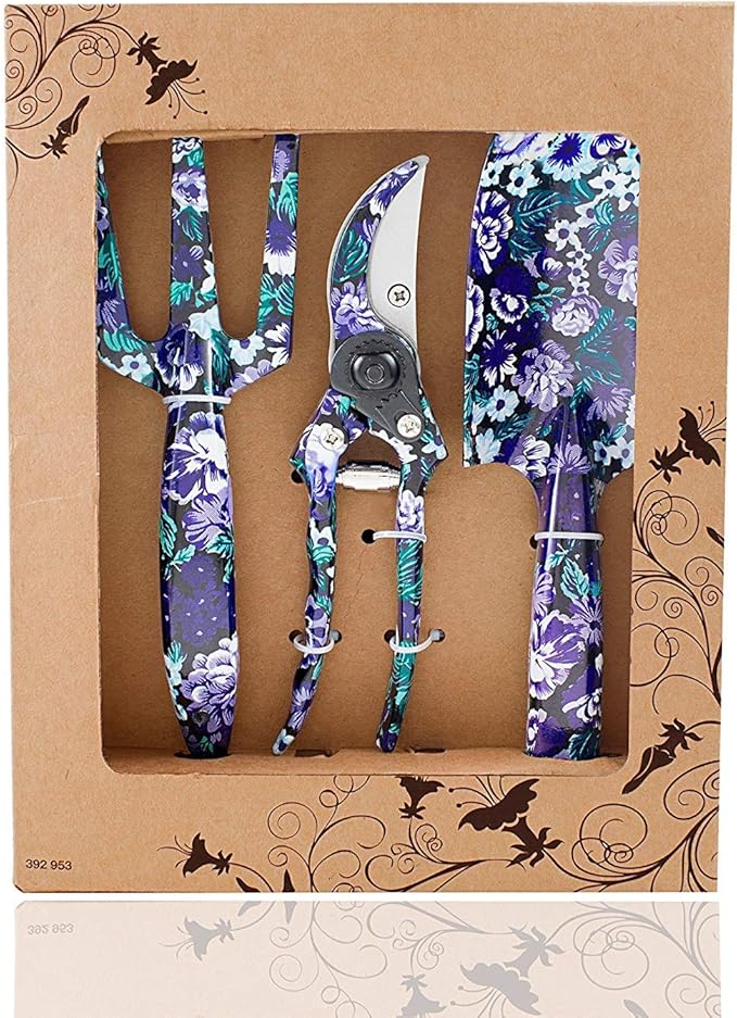 FLORA GUARD Gardening Gifts 3 Piece Aluminum Garden Tool Set - Trowel Cultivator Pruning Shear Gift Set for Women Men Gardening Needs (Purple&ampBlue)