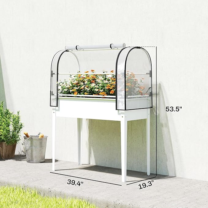 Outsunny Raised Garden Bed with Flip-Up Greenhouse Cover Metal Elevated Garden Bed with Legs and Drainage Hole Outdoor Raised Planter Box for Vegetables Herbs Flowers 39.4 x 19.3 x 53.5 White