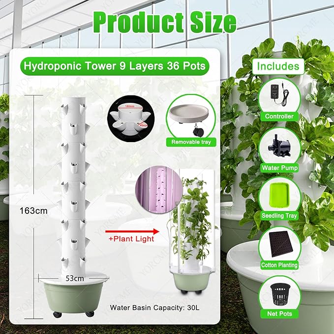 Polytunnel Tower Systems Hydroponics Growing Systems Vertical Tower Automated Indoor Tower Garden with LED Grow Lights Herb Garden C(36Pots)
