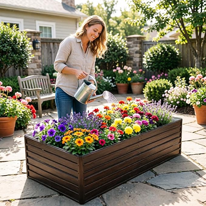 7.2x3.6x2 Ft Outdoor Raised Garden Bed Heavy Duty Galvanized Steel Planter Box with Woodgrain Finish Rectangular Garden Trough for Vegetables Herbs Fruits &amp Flowers Brown