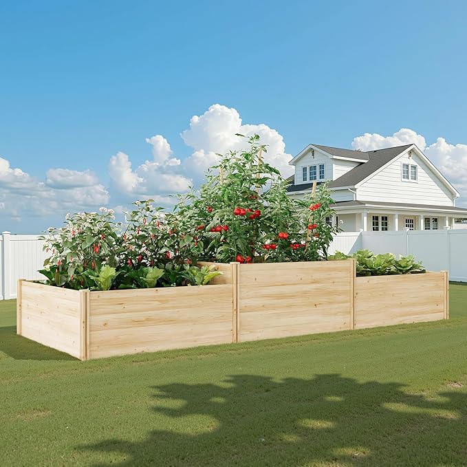 SPECRAFT 2-Tier Raised Garden Bed 23-Inch Deep Fir Wood Planter Box with Mortise &amp Tenon Structure 3-Section Open Base for Vegetable Flowers &amp Herb for Backyard Garden Patio 142 x 49 x