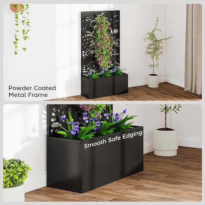 Outsunny Metal Raised Garden Bed with Trellis for Climbing Plants Freestanding or Wall Mounted Flower Bed with Privacy Panel Butterfly Cut-Out Outdoor Planter Box for Garden Patio Balcony
