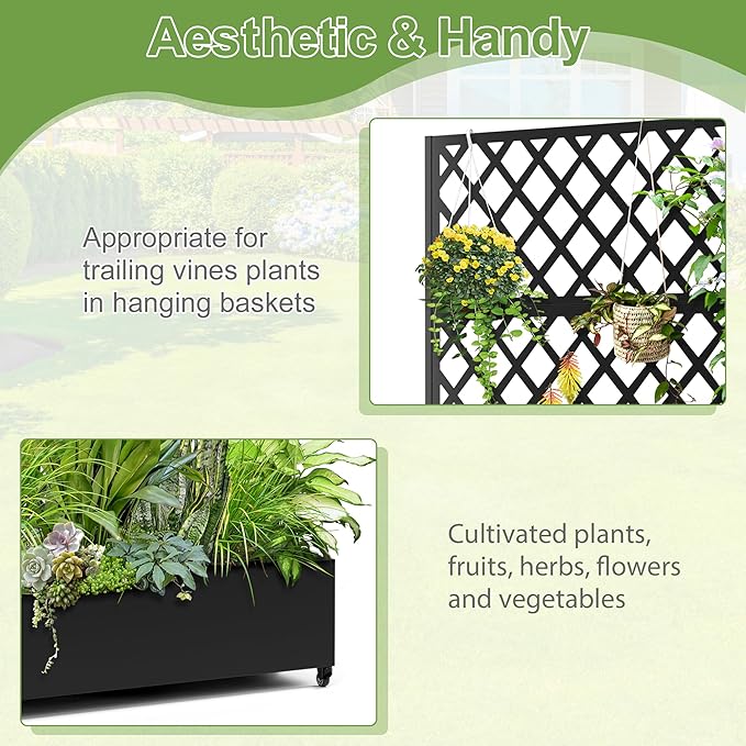 Metal Planter Trellis Box with Wheels &amp Drain Plug Outdoor Raised Garden Bed Patio Privacy Screen with Planter for Climbing Plants Vegetables 73x47x16 Black-Diamond