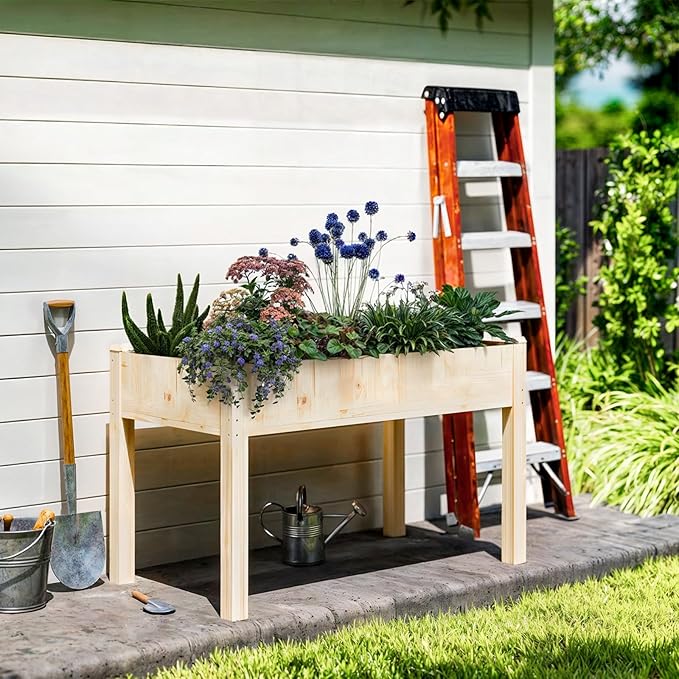 DUMOS Raised Garden Bed with Legs 48x24x30 Inch Planter Box Outdoor with Liner for Herbs/Flowers/Vegetables Elevated Wooden Garden Bed for Patio Balcony and Backyard Soft Wood