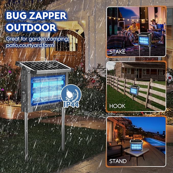 Solar Bug Zapper Outdoor PhatroyYee Mosquito Zapper 4500V Waterproof Portable Fly Zapper Rechargeable Electric Mosquito Killer Cordless Fly Insect Mosquitos Trap for Patio Yard Home Camping(Grey)