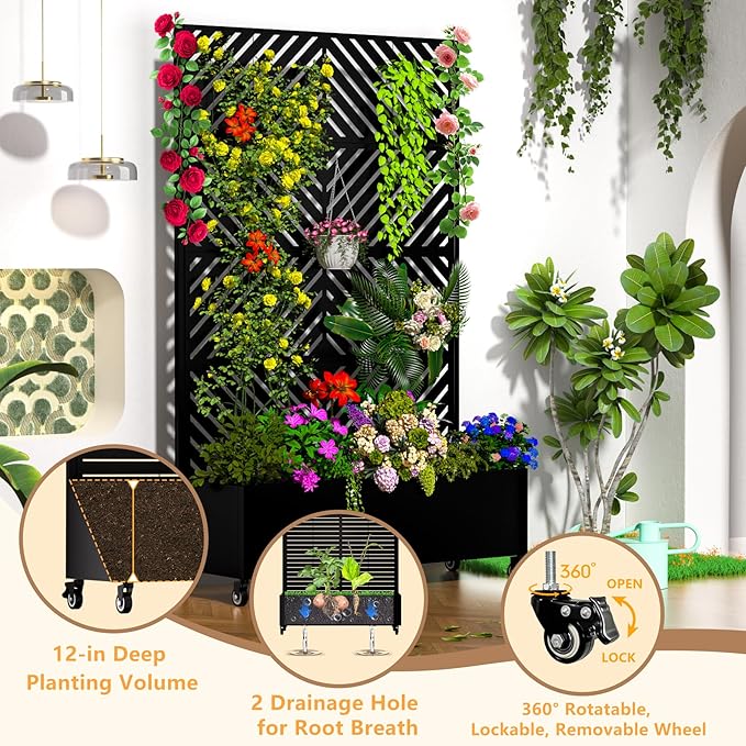 Metal Planter Box with Trellis 72.1x47.2x16 Outdoor Galvanized Raised Garden Bed with Privacy Screen &amp Drainage Holes &amp Lockable Casters for Climbing Plants Vegetable (Arrow-Black1)