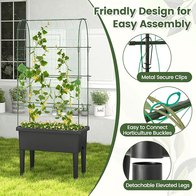 Giantex Raised Garden Bed with Climbing Trellis Self-Watering Elevated Planter Water Level Indicator &amp Drainage Hole Plant Raised Bed for Cucumber Vegetables Fruits Herbs