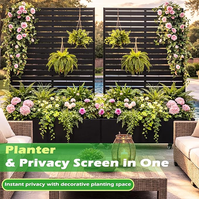 Metal Planter Box with Trellis 43” L x 16” W x 71” H Raised Garden Bed with Wheels Privacy Planters for Patio Metal Planter Box with Drainage Holes Black