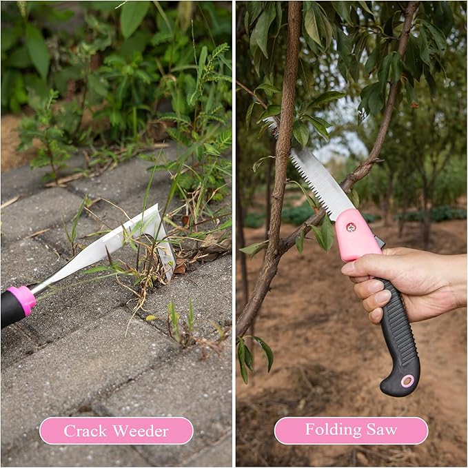 Pink Garden Tool Set Gardening Items for Women - 24PCS Heavy Duty Garden Tools with Detachable Storage Bag Succulent Tool Set Weeder
