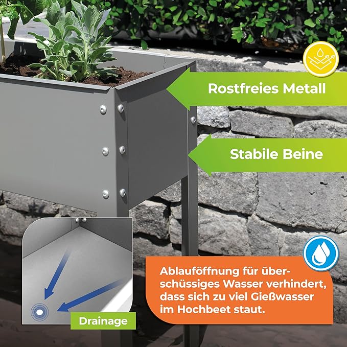 Bio Green Metal Raised Garden Bed Freising-L with Drainage | Small Galvanized &amp Powder-Coated Outdoor Planter Box with Legs for Herb Garden Flowers Vegetables Patio | 24x12x31.5 inch Anthracit