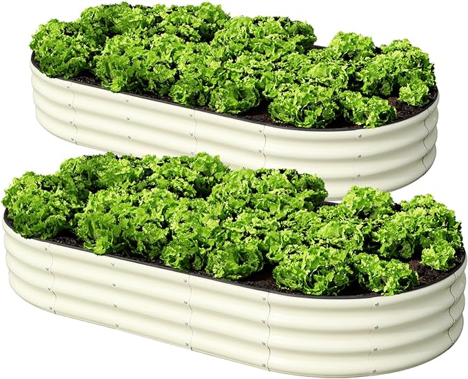 SnugNiture 2 Pcs 6x3x1ft Raised Garden Bed Kit Outdoor Oval Metal Garden Planter Ground Planter Box for Gardening Vegetables Flowers White