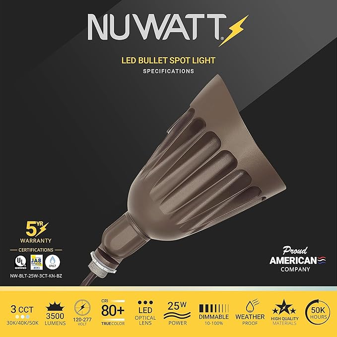 NUWATT 25W LED Bullet Spot Light for Outdoor Landscapes 3500 LM Bright Illumination for Yard 3000K/4000K/5000K Selectable 1/2 Knuckle Mount 120-277V Waterproof Flag Pole Light (12-Pack)