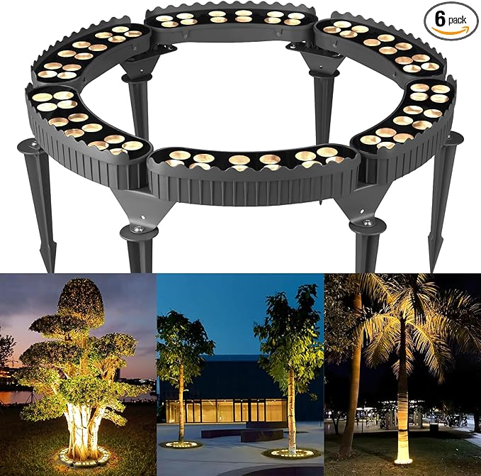 Gardencoin Outdoor Ring Tree Lights 72W LED Landscape Uplighting for Trees 3000K Warm White Low Voltage IP65 Waterproof 15.35 Inner Diameter DC24V Driver Included 10080 Lumens Set of 6