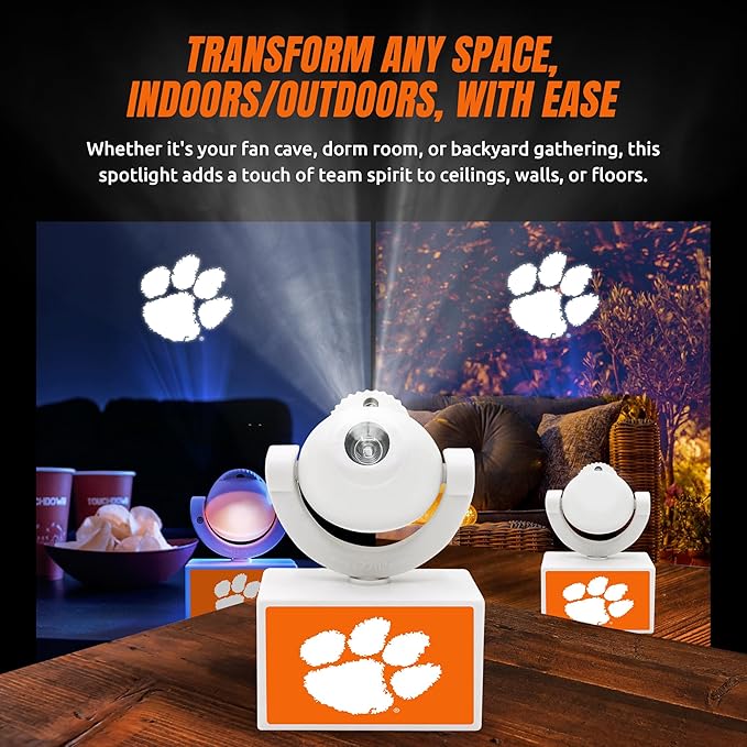 Sporticulture NCAA American Football Clemson Tigers - Adjustable Led Mini Spotlight Projector with 6 Team Logo Designs - Portable &amp Rechargeable Spotlight - Battery-Operated - 4.375” x 3.125”