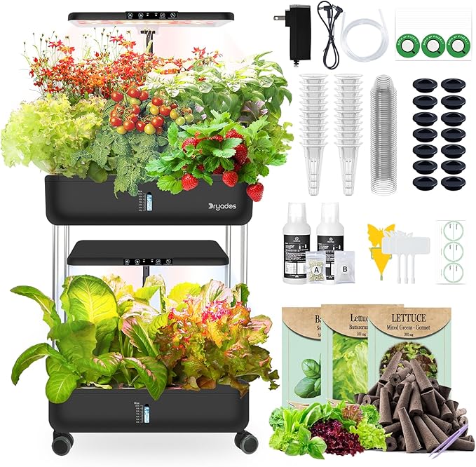 44-Pod Indoor Hydroponic Growing System + 3 Free Seeds Starter Kit (Lettuce Salad Mixed Basil Seeds) – Dual 53W Full-Spectrum LED 10-L Water Tank 2-Tier Grow Pods (44 Pods)
