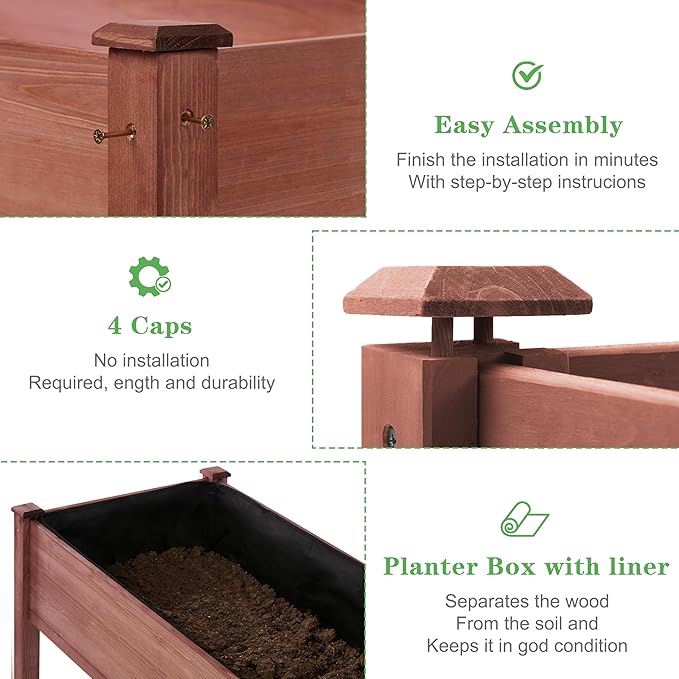 48×24×30 Inch Raised Garden Bed with Legs Solid Wood Elevated Planter Box Stand with Liner for Outdoor Backyard Patio Balcony