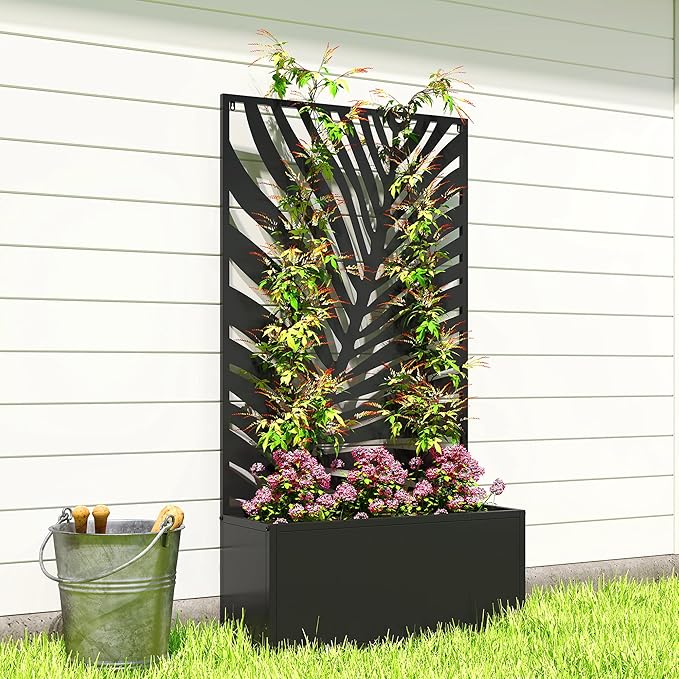 Outsunny Metal Raised Garden Bed with Trellis for Climbing Plants Freestanding or Wall Mounted Flower Bed with Privacy Panel Large Leaf Cut-Out Outdoor Planter Box for Garden Patio Balcony