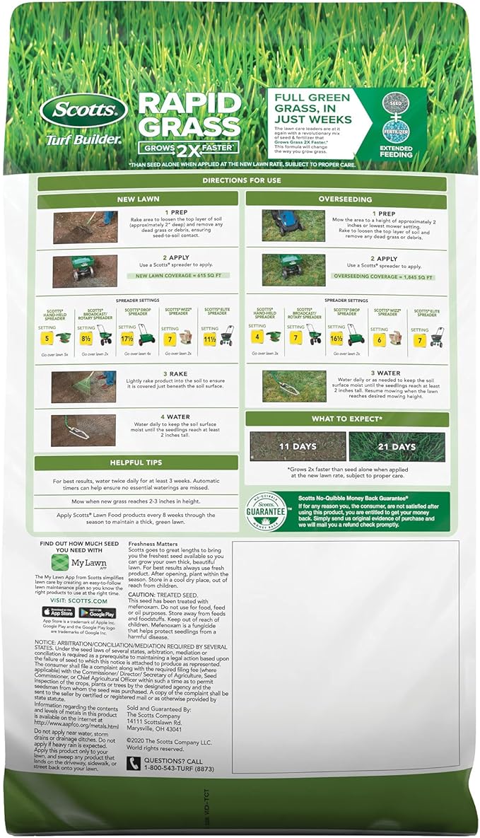 Scotts Turf Builder Rapid Grass Tall Fescue Mix - Combination Grass Seed and Fertilizer for Lawns Lawn Seed that Grows in Just Weeks 5.6 lbs. (Pack of 4)