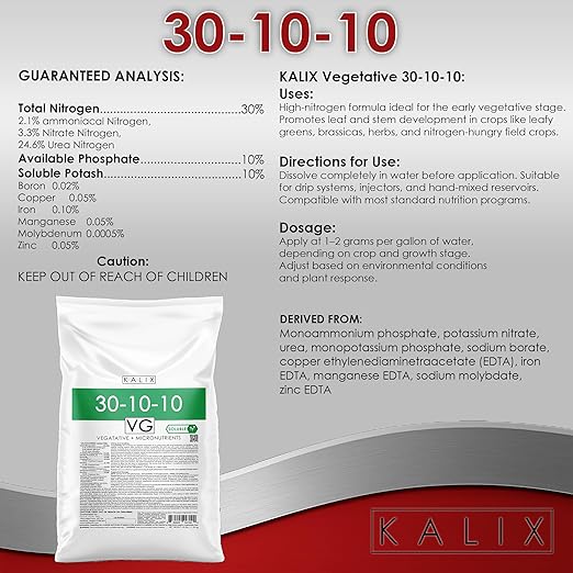 KALIX 30‑10‑10 Water Soluble Fertilizer | High Nitrogen All‑Purpose Plant Food for Vigorous Vegetative Growth | Fully Soluble NPK for Vegetables Trees Shrubs Lawns &amp Hydroponics – 25 lb