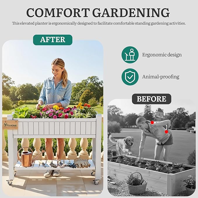 YITAHOME 42.5x17.3x35.4 in Raised Garden Bed Outdoor Plastic Planter Box with Wheels Legs Drain Plug and Storage Shelf for Plants Vegetables Flowers Herbs White