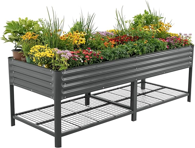 Elevated Raised Garden Bed- Jumbo Series 3' x 8' Outdoor Planters Boxes with Legs &amp Storage Rack for Patio 2000+ Lbs Weight Capacity Raised Beds for Gardening Herbs Vegetables Flowers Modern G