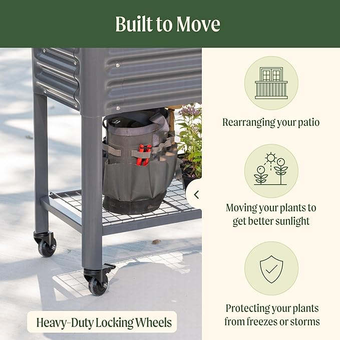 Rolling Elevated Raised Garden Bed - Slim Series 1.5' x 5.5' Outdoor Planters Boxes with Legs &amp Storage Rack for Patio 750 Lbs Weight Capacity Raised Beds for Gardening Herbs Flowers Modern Gr