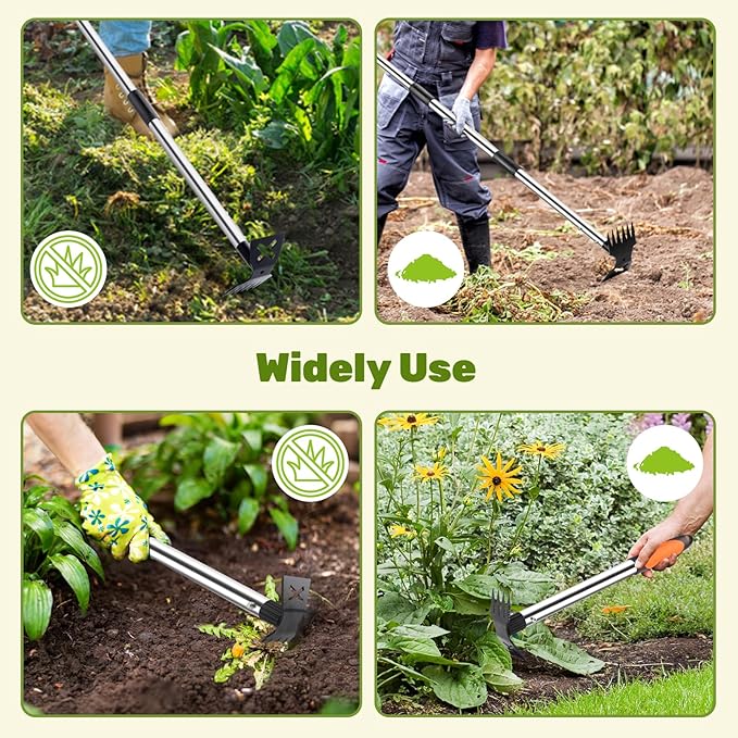 60 Weed Puller Tool with Long Handle and 17 Weeding Tools Gardening Set Dual Side Hand Weed Rake and Hoe Garden Weeder Uprooting Weed Pulling Remover Tool for Yard Patio Lawn and Garden Planting